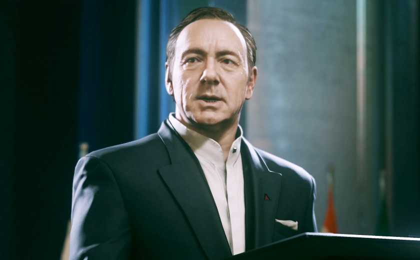 Kevin Spacey standing behind a podium in Call of Duty Advanced Warfare.